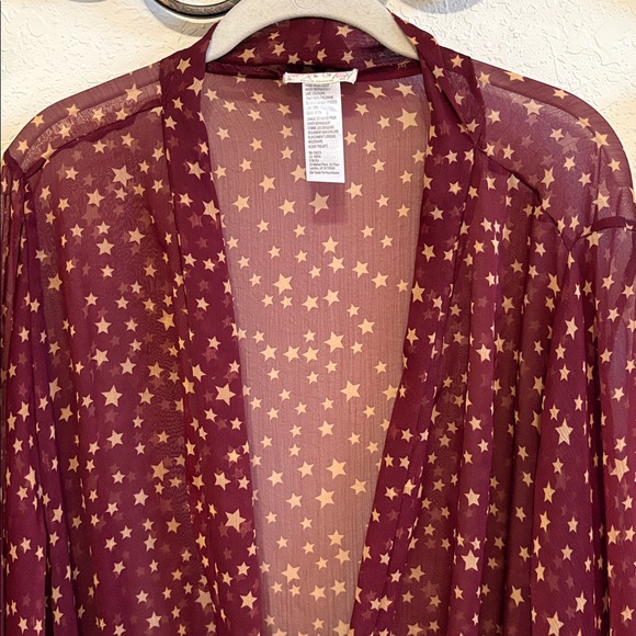 Free People Burgundy Sheer Star-Print Tie-Front Kimono Top✨ - Picture 4 of 10
